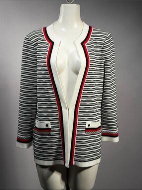Misook Black & White Striped Open-Front Jacket with Red Trim (r7t)